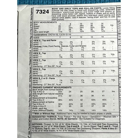 McCalls 7324 pattern Kids pullover quarter zip pants hoodie size 10 12 14 - Picture 4 of 5